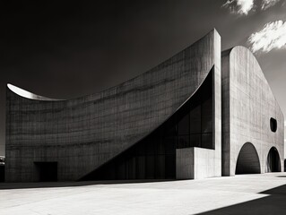 Wall Mural - Modern concrete building, curved walls, shadows.