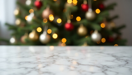 Poster - A partially blurred Christmas tree and ornaments are centered on a clean, empty marble tabletop in selective focus._00003_