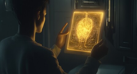Poster - A person examines a glowing, tree-like hologram on a digital device in a futuristic setting.