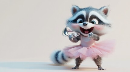 Aufkleber - A cheerful raccoon in a pink tutu holding a musical instrument, exuding joy and playfulness.