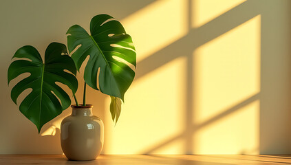 Poster - A Monstera plant is placed in a glass container to bring in natural light and create a striking visual effect on a colored wall._00002_