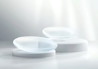 Aufkleber - Two translucent lenses resting on circular stands, showcasing a minimalist design.