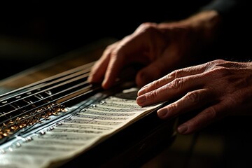 Poster - Close-up of hands playing a musical instrument, emphasizing sheet music and performance.