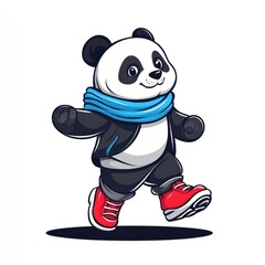 Poster - A cheerful cartoon panda wearing a scarf and sneakers, happily running.