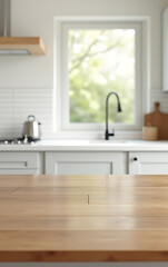Aufkleber - A minimalist wooden table with a clear glass top sits empty in a bright kitchen, perfect for photography and design layouts._00002_