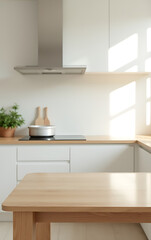 Aufkleber - A minimalist wooden table with a clear glass top sits empty in a bright kitchen, perfect for photography and design layouts._00001_