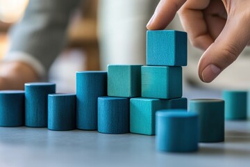 Poster - A hand arranging teal wooden blocks in a structured formation.