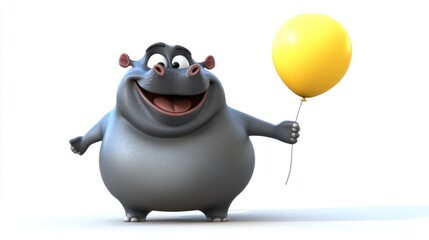 Poster - A cheerful cartoon hippo holding a yellow balloon, exuding joy and playfulness.