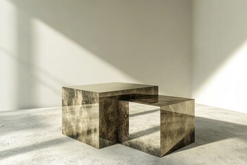 Poster - A minimalist space featuring two geometric tables reflecting light and shadows.