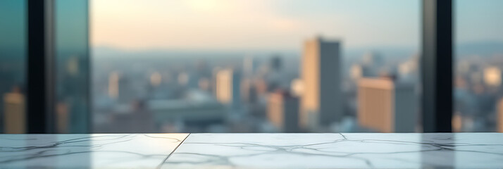 Poster - A marble table top with selective focus stands out against a blurred abstract cityscape in the background._00002_
