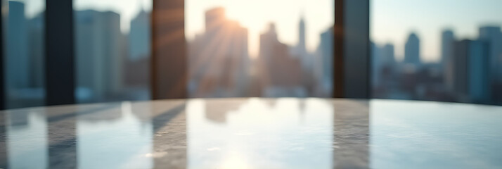 Poster - A marble table top with selective focus stands out against a blurred abstract cityscape in the background._00001_