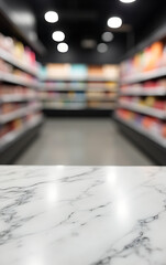 Poster - A marble table top is prominently displayed with a blurred supermarket product shelf as its subtle yet striking background._00002_