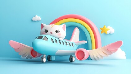 Poster - A cute cat character flying an airplane with a rainbow and clouds in a playful setting.