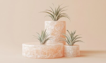 Poster - Three decorative planters with air plants on a soft peach background.