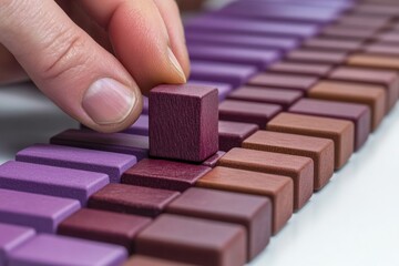 Aufkleber - A hand places a wooden block among a row of colored blocks, showcasing organization and design.