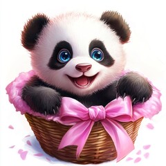Poster - A cute panda cub sitting in a basket with a pink bow, radiating joy and playfulness.