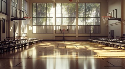 Aufkleber - A serene basketball court with natural light streaming through large windows.
