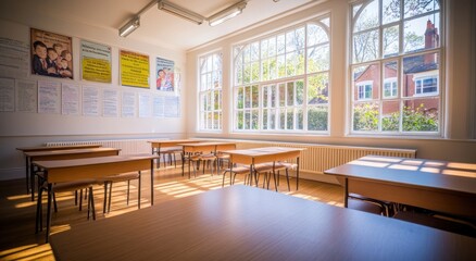 Aufkleber - Bright classroom with wooden tables and large windows overlooking greenery.