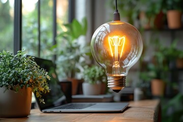 Poster - Symbolic image of innovation featuring a floating light bulb above a laptop, isolated for branding use.