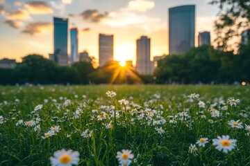Poster - A sunset view over a city skyline with a foreground of blooming daisies in a grassy field.