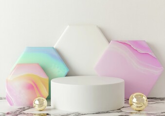 Poster - A minimalistic display featuring colorful hexagonal shapes and a circular pedestal.