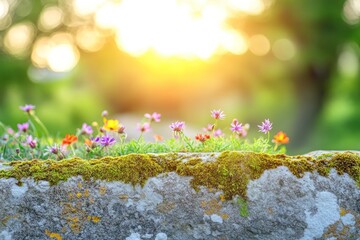 Poster - A serene scene of colorful flowers blooming on a moss-covered wall, illuminated by sunlight.