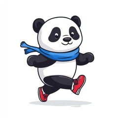 Leinwandbilder - A cheerful panda character wearing a blue scarf and red sneakers, playfully running.