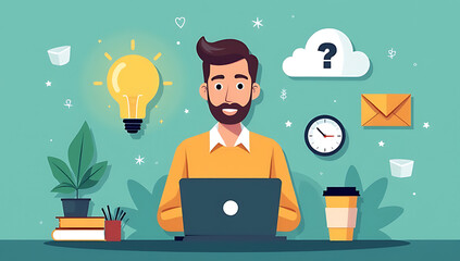 Poster - A creative business concept emerges as a man uses a laptop, surrounded by a lightbulb, coffee cup in a flat layout._00003_