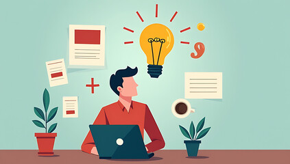 Poster - A creative business concept emerges as a man uses a laptop, surrounded by a lightbulb, coffee cup in a flat layout._00002_