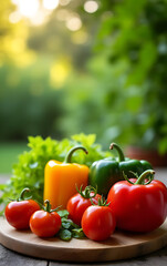 Poster - A colorful set of various vegetables rests on a wooden chopping board in a beautiful outdoor garden setting._00003_