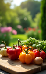 Poster - A colorful set of various vegetables rests on a wooden chopping board in a beautiful outdoor garden setting._00002_
