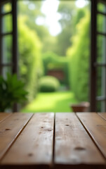 Poster - A blurred wooden table is in the foreground with a green garden scene visible through the adjacent open window._00002_