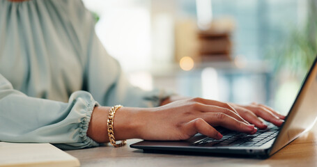 Poster - Business woman, laptop and hands with press release in office with digital job. Website, worker typing and professional email with research, working and online planning for project with technology