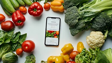 Fresh produce app interface surrounded by vegetables showcasing healthy eating