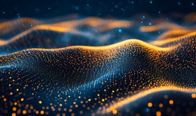 Fototapete - Abstract glowing particles wave, dark blue and orange color palette.