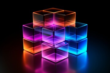 Poster - Modern composition of colorful geometric shapes  cubes, spheres, and cylinders on black background