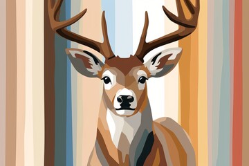 Poster - Stylish minimalist deer illustration in red, green, and gold with large expressive eyes