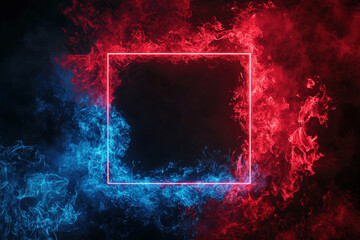 Wall Mural - abstract blue and red rectangle fire flames frame on black background. template or banner, creative 