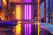 © rehman - A modern home interior with neon lights, a futuristic abstract backdrop, and reflective concrete, complemented by ethnic boho decor elements.