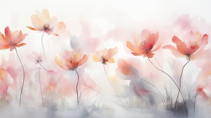 Poster - Abstract minimalist image of soft pink and gray flowers in light fog with a mystical atmosphere