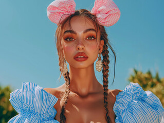 Wall Mural - Young woman with braids and big pink bow wearing blue ruffled dress outdoors. Fashion portrait with vibrant summer colors and playful aesthetic.