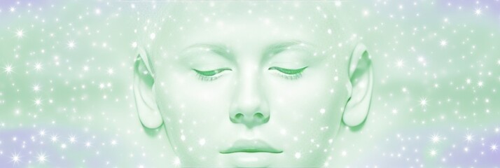 Poster - Serene outline  purple head with neon dots in soft pink and lilac on a tranquil green background