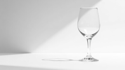 Poster - A clear glass stands upright on a white surface, catching light and casting a delicate shadow. The setting is minimalistic, focusing on the play of light and shadow around the glass. Copy space