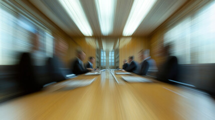 Poster - Businesspeople engaged in a fast-paced meeting within a modern boardroom, actively discussing and sharing innovative ideas for success