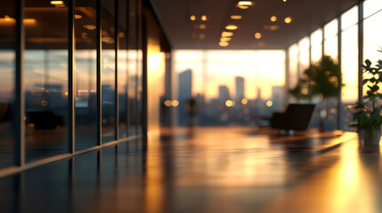 Poster - Sunset view of city skyline from modern office interior with large windows, polished floors, and elegant furnishings