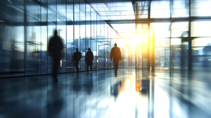 Poster - Businesspeople are walking inside a luminous office corridor with large windows at sunset