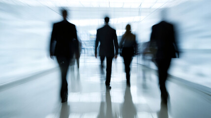 Canvas Print - Businesspeople are walking in blur in a modern office corridor, creating a sense of urgency and speed