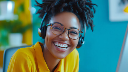Poster - smiling young woman in glasses and headset engaging with clients in a contemporary office setting