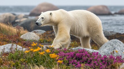 Wall Mural - majestic polar bear walking amidst colorful wildflowers near the ocean.