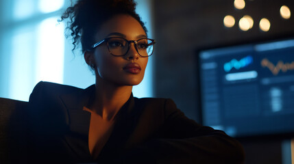 Leinwandbilder - Businesswoman in glasses exudes confidence while working late at night in office, with computer displaying charts on screen